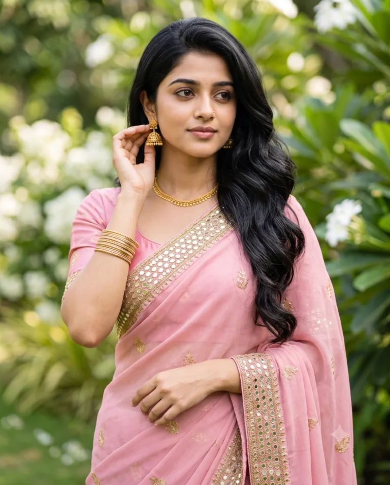 A pink saree prompt generating a cinematic portrait of a beautiful young South Asian woman in a lush garden setting.