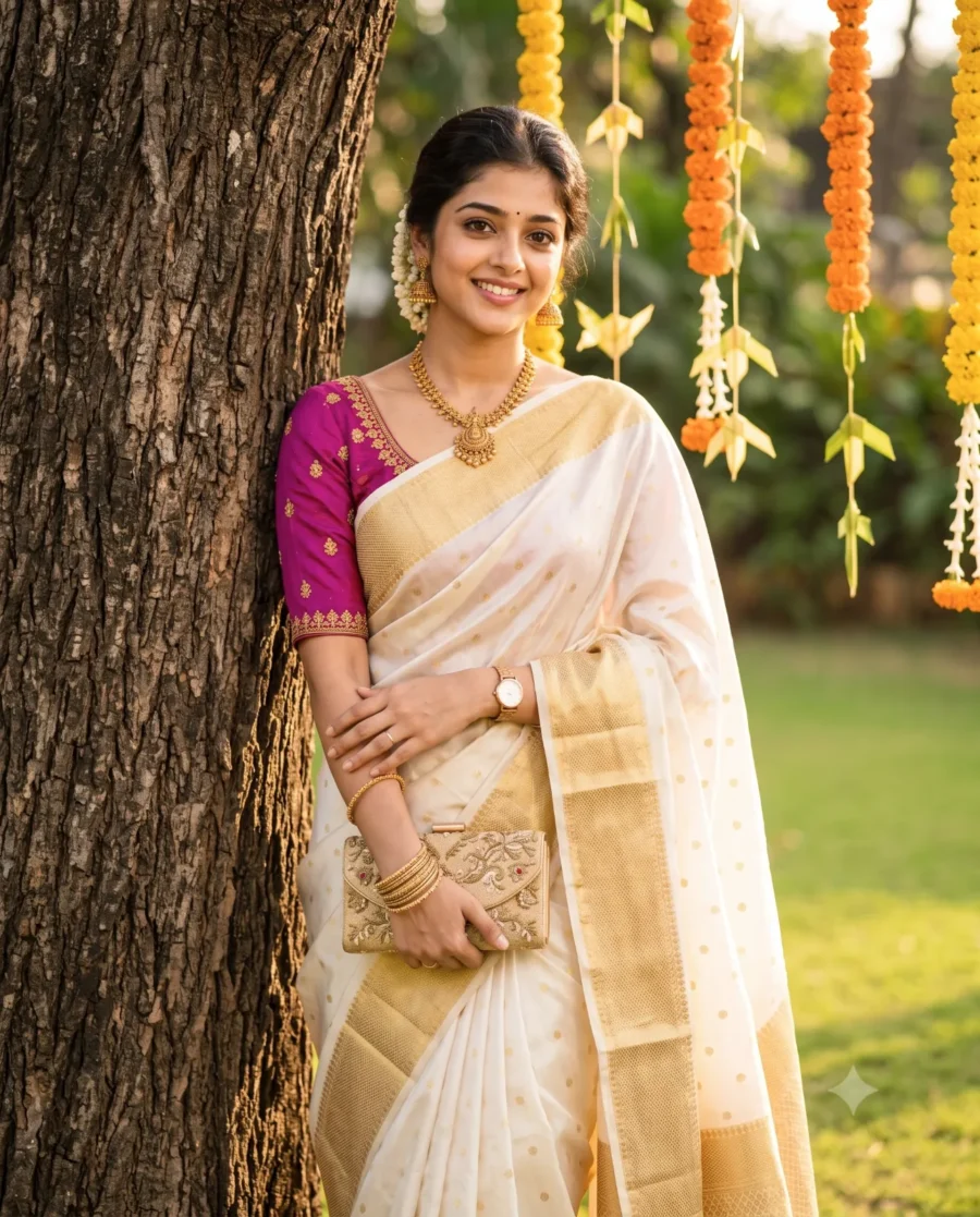 A vibrant Onam Saree Prompt generation of a young woman standing outdoors near bright marigold garlands.