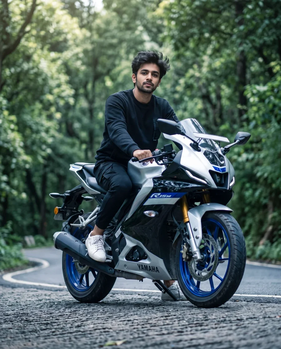 High-impact r15 prompt showing a confident rider in black techwear sitting on a silver and black motorcycle in a forest.
