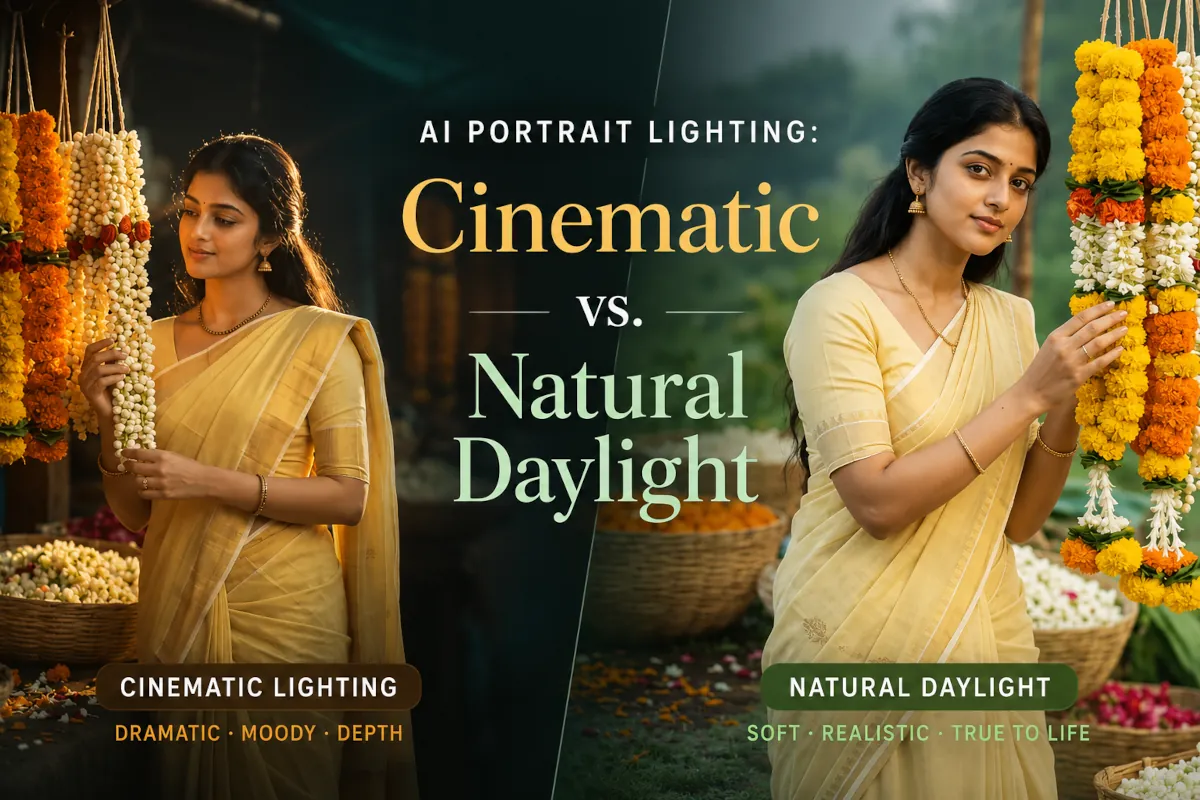 A split-screen comparison of AI portrait lighting featuring a woman in a yellow saree, demonstrating dramatic cinematic lighting on the left and soft natural daylight on the right.