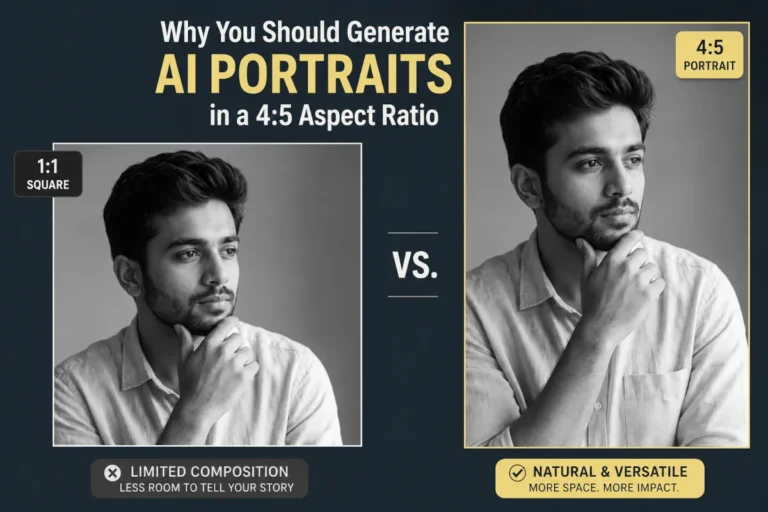 A side-by-side comparison of AI portraits featuring a male model, demonstrating the visual difference between a vertical 4:5 aspect ratio and a 1:1 square crop.