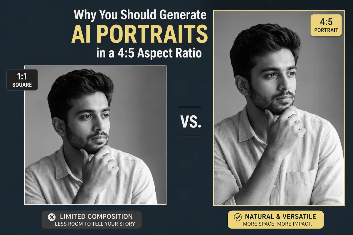 A side-by-side comparison of AI portraits featuring a male model, demonstrating the visual difference between a vertical 4:5 aspect ratio and a 1:1 square crop.