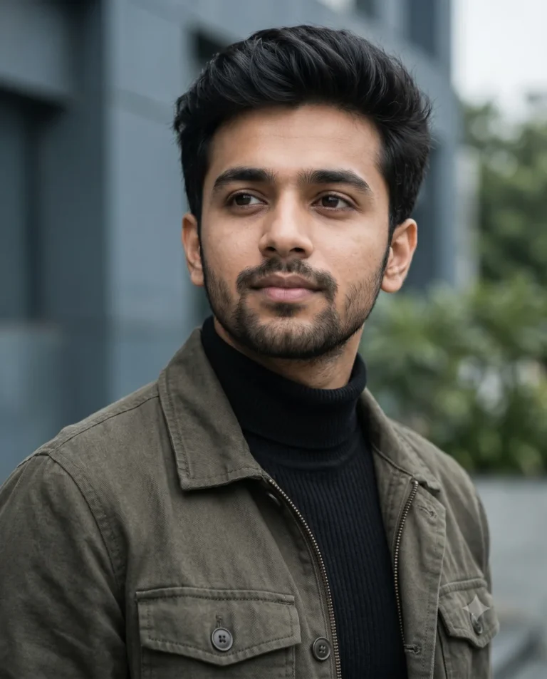 Confident young man in an olive jacket generated using an aesthetic dp prompt, featuring soft daylight and urban background.