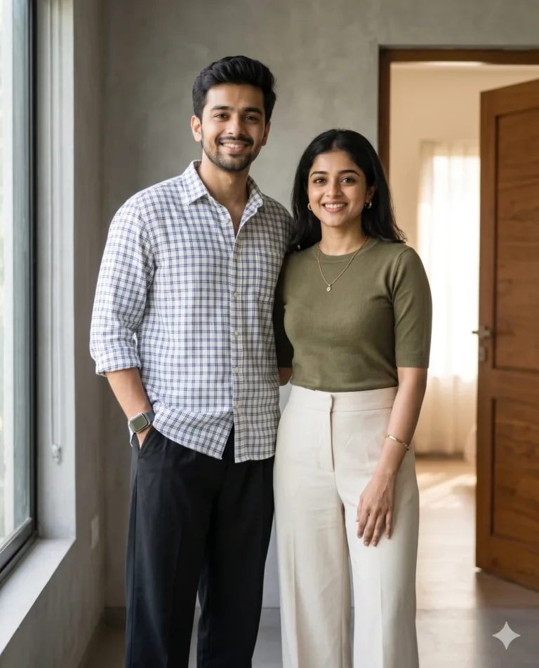 A photorealistic casual couple prompt generating a man and woman in a minimalist room with soft daylight.