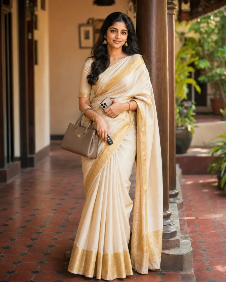 A photorealistic Kanjeevaram Saree Portrait of a woman standing on a traditional veranda bathed in warm natural daylight.