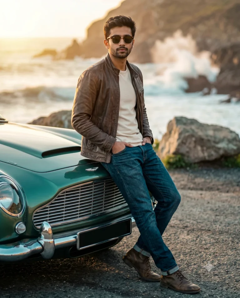 Vintage Car Prompt example showing a man in a leather jacket leaning on a classic green Aston Martin at sunset.