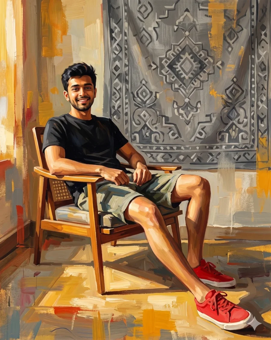 A colorful abstract oil painting of a relaxed young man sitting in the sun, generated by an abstract oil painting prompt.