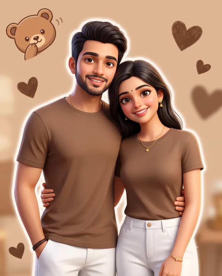 A cozy 3D animated couple generated from a 3d photo prompt, featuring warm tones and cute graphics.
