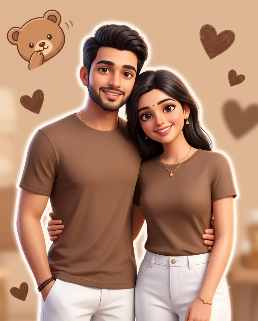A cozy 3D animated couple generated from a 3d photo prompt, featuring warm tones and cute graphics.
