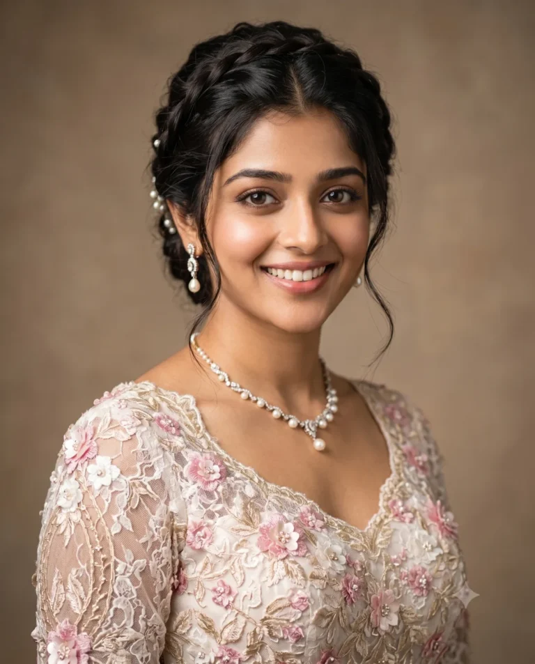 Radiant woman in a lace gown generated from our bridal portrait prompt, featuring elegant jewelry and soft studio lighting.