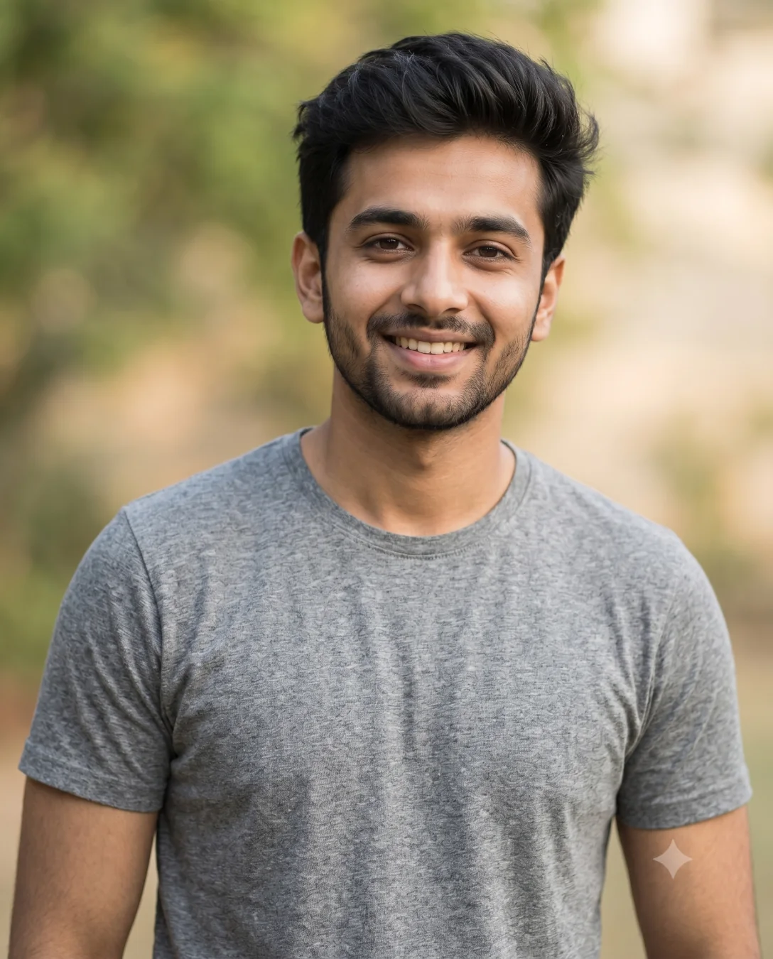 WhatsApp DP prompt generating a young man with a warm smile, wearing a gray t-shirt in soft outdoor lighting.