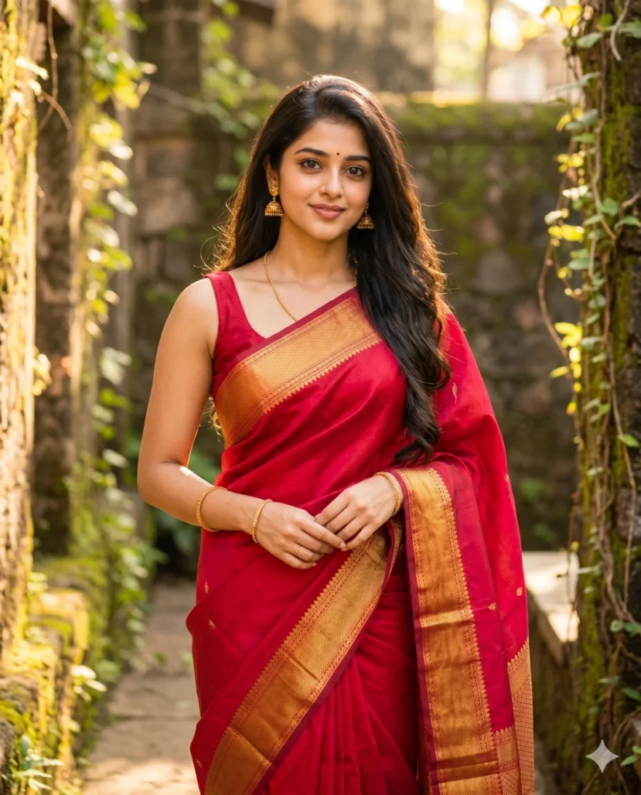 An AI generated image from a red saree prompt showing a woman in Kanjivaram silk standing in a sunlit courtyard.