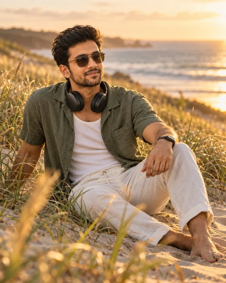 Man on coastal sand dune for sand dune portrait prompt