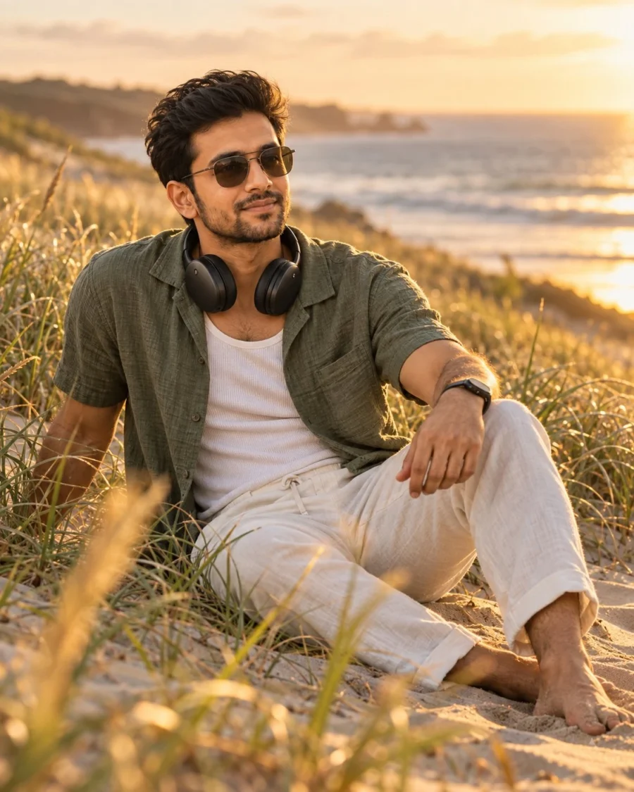 Man on coastal sand dune for sand dune portrait prompt