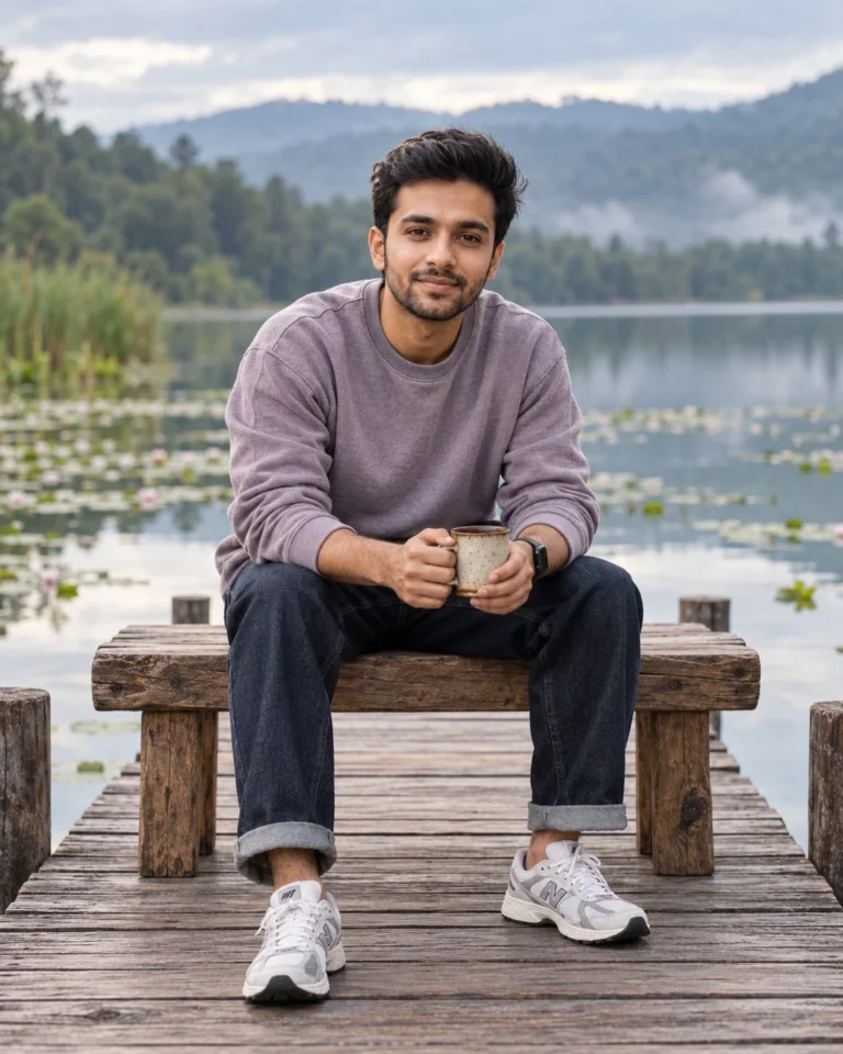 Man seated on wooden bench at end of timber pier for a lakeside pier portrait
