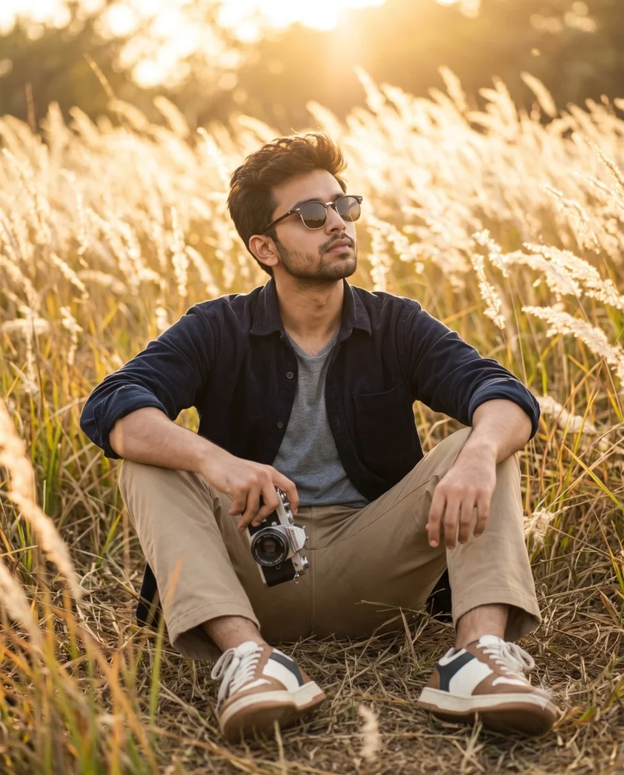 Man with vintage camera in pampas grass for pampas grass portrait prompt