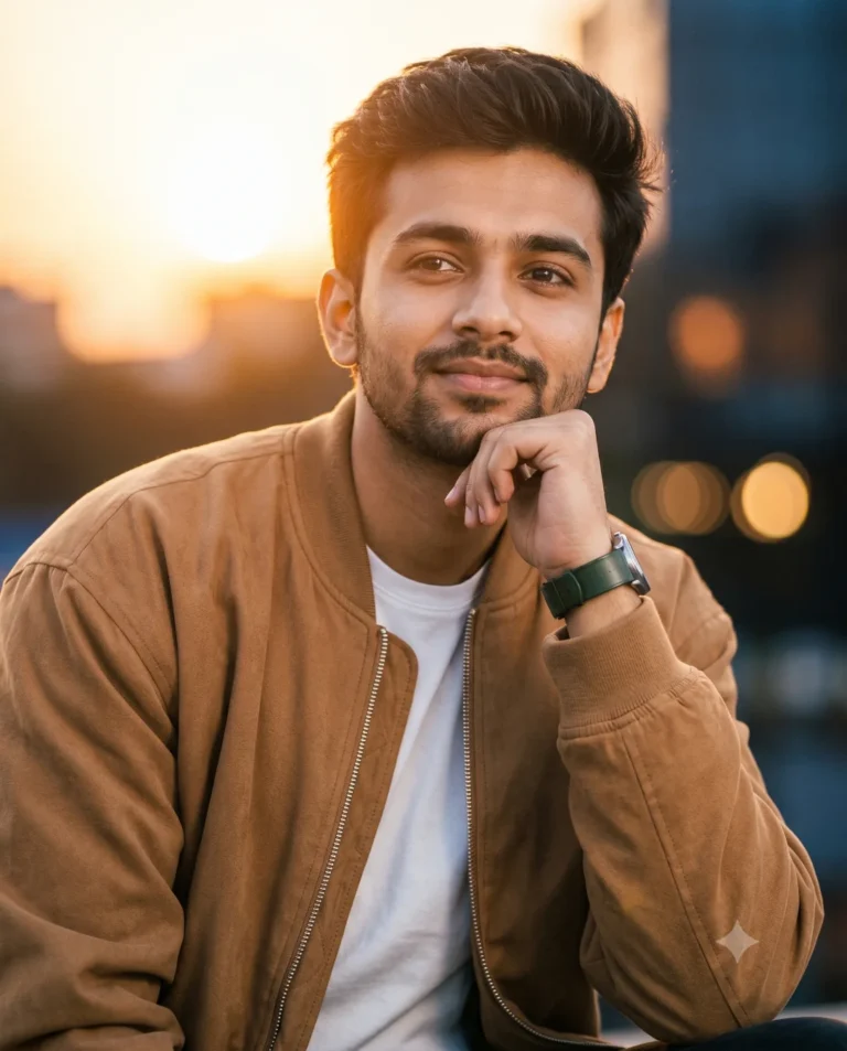 A young man wearing a camel bomber jacket bathed in golden hour light, generated using an editorial instagram dp prompt.