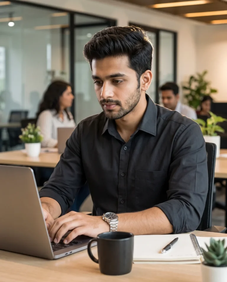 Professional office portrait featuring a young man typing on a silver laptop at a sleek wooden desk.