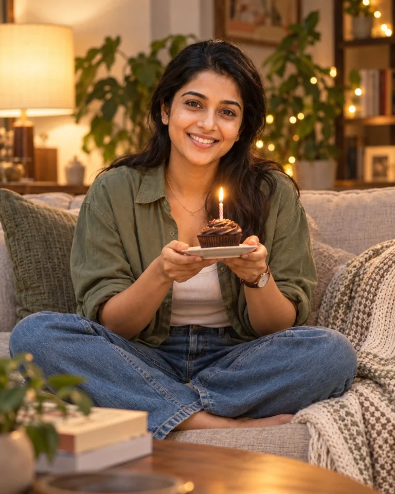 Cinematic minimalist birthday portrait of a woman holding a cupcake with a lit candle under warm living room lamp light.