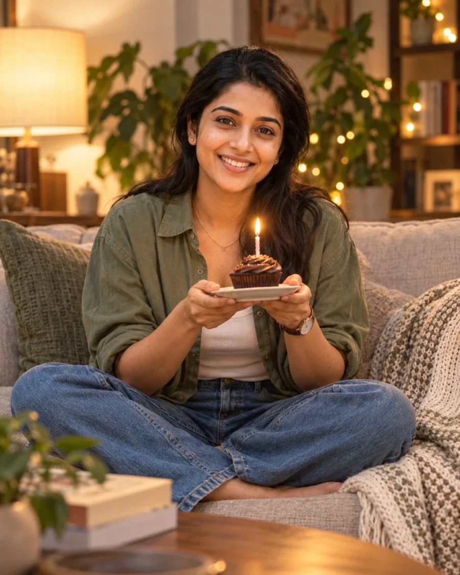 Cinematic minimalist birthday portrait of a woman holding a cupcake with a lit candle under warm living room lamp light.