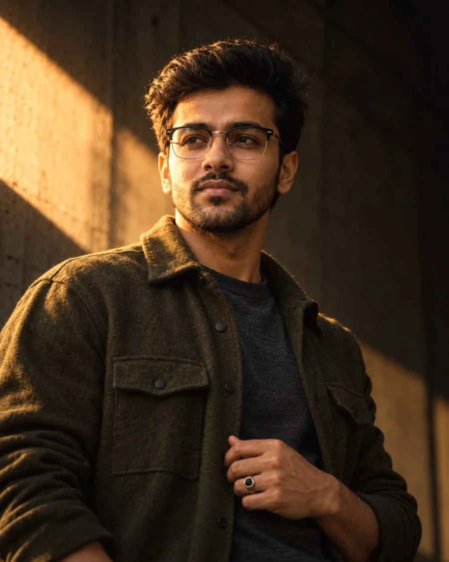 Cinematic male portrait prompt result showing man in glasses under sunset light