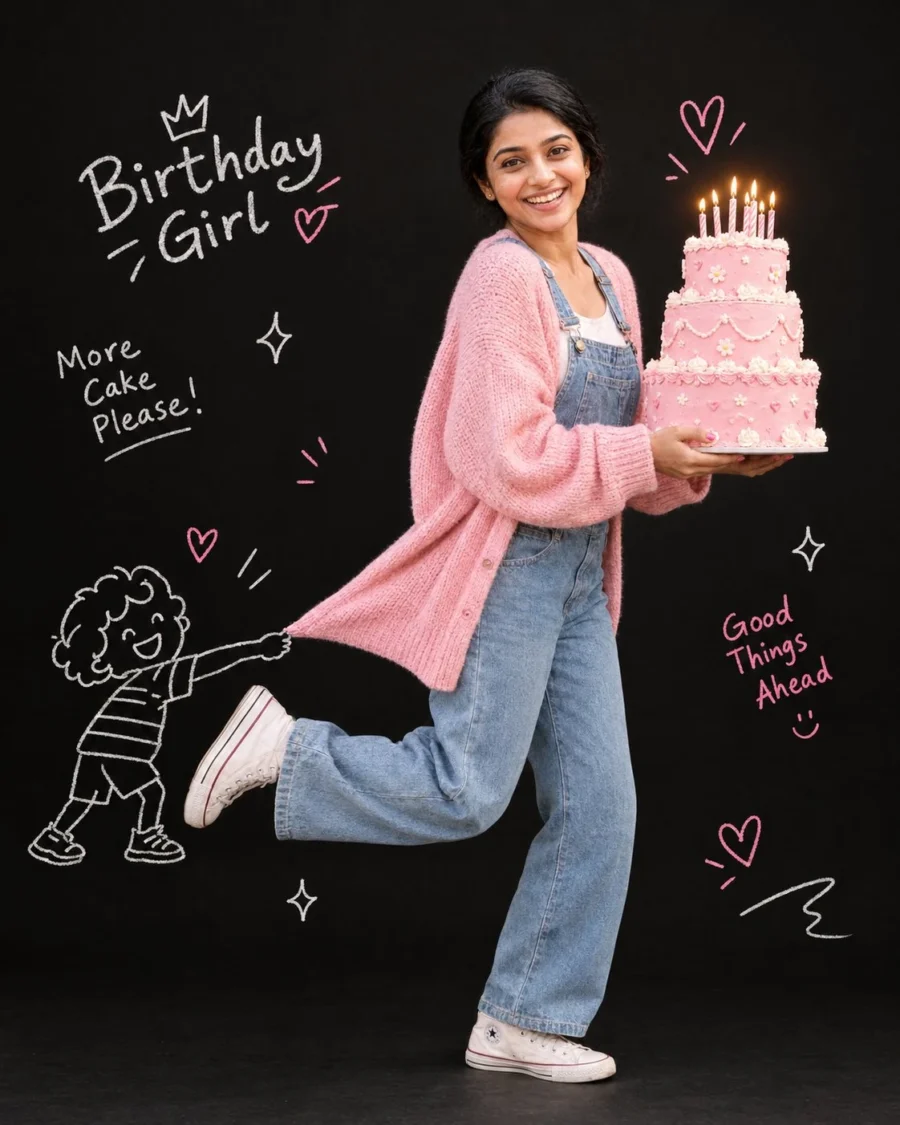 Woman holding pink cake in playful birthday cake portrait