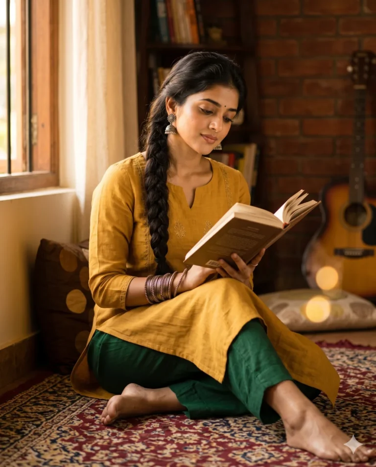 A young woman in a yellow outfit reading a book, generated with this gemini kurta prompt.