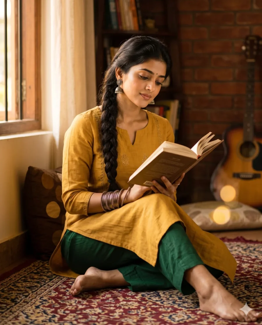 A young woman in a yellow outfit reading a book, generated with this gemini kurta prompt.
