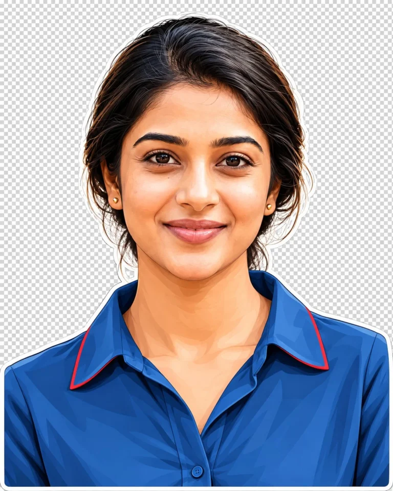 Woman in blue collared shirt with white border for a vector sticker portrait