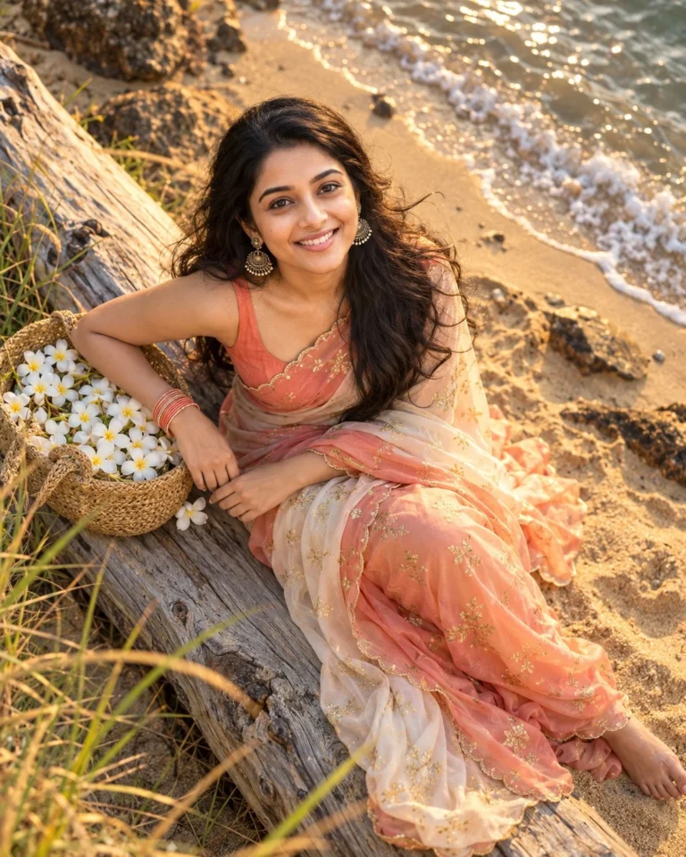 Woman in coral beach saree seated on driftwood with flower basket