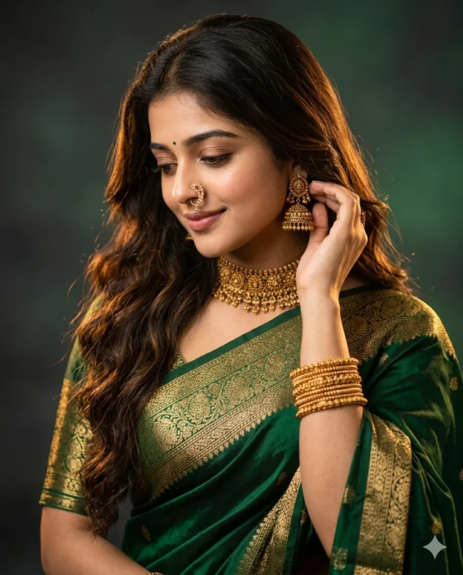 A stunning woman in an emerald silk drape generated using a green saree prompt, featuring intricate antique gold jewelry.