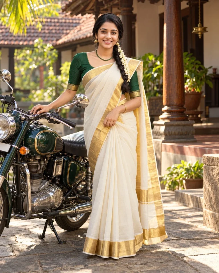 Kerala Set Mundu Portrait of a woman in kasavu attire standing beside a vintage motorcycle.