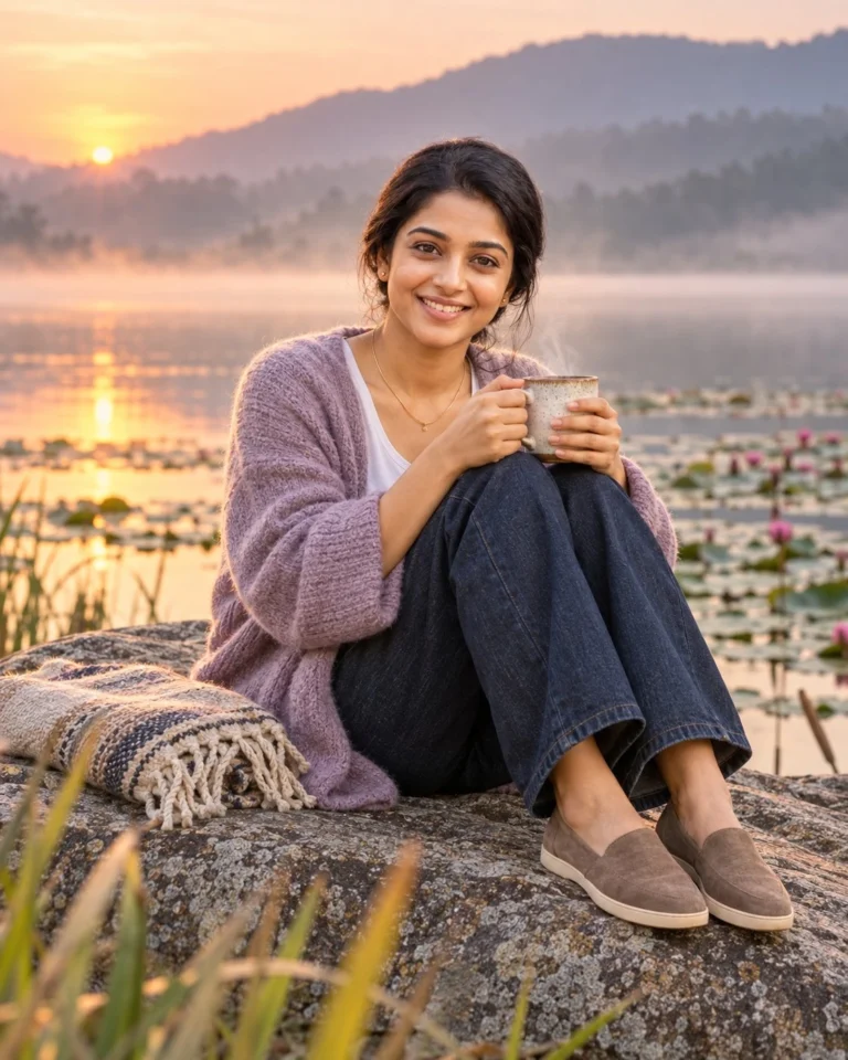 Woman in lavender wool cardigan by lake for morning lake portrait prompt