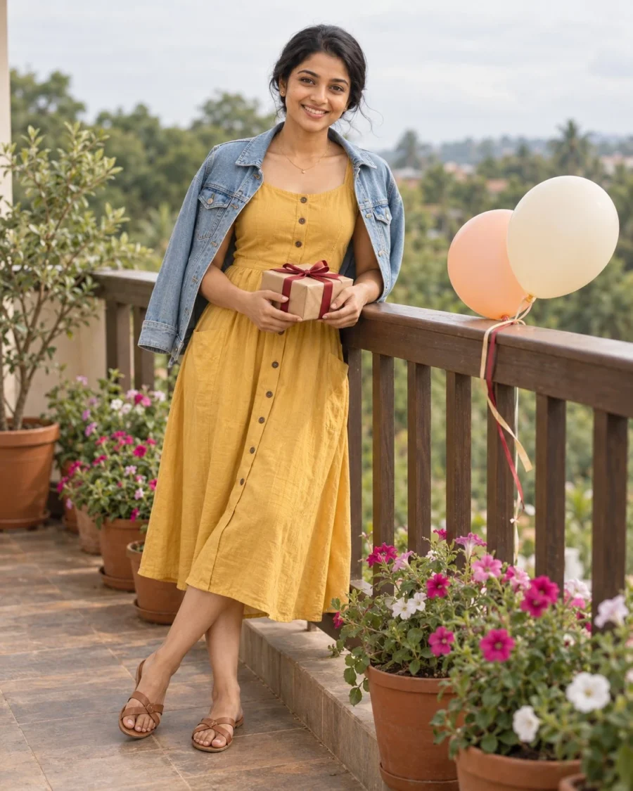 Balcony Birthday Portrait of a woman in a mustard-yellow cotton sundress and denim jacket holding a gift box with pastel balloons