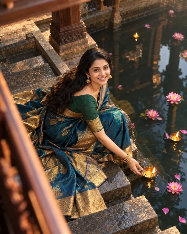 Woman in peacock blue silk saree releasing floating brass oil lamps onto pond steps
