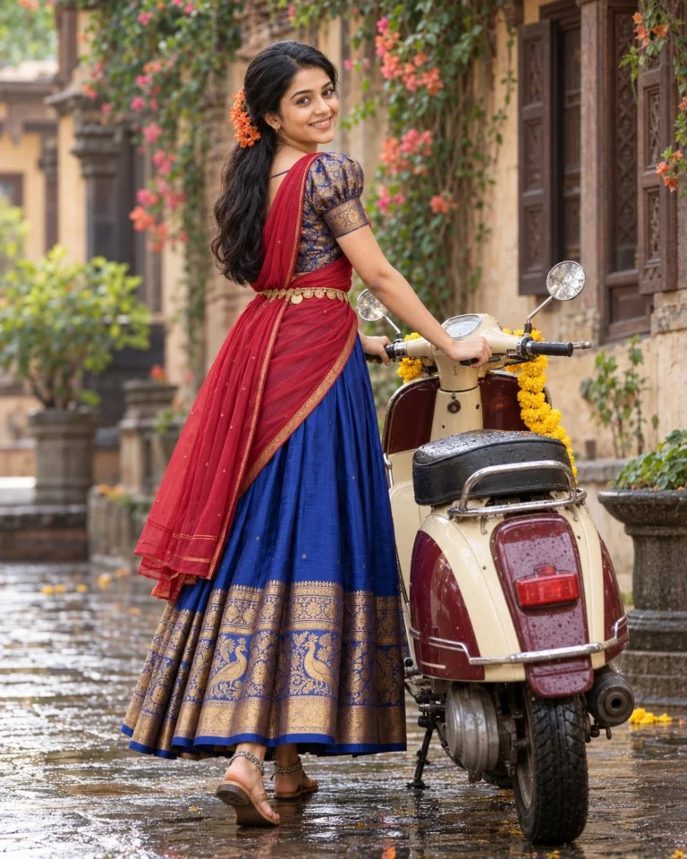 Woman in royal blue silk half saree with vintage scooter for a silk half saree portrait