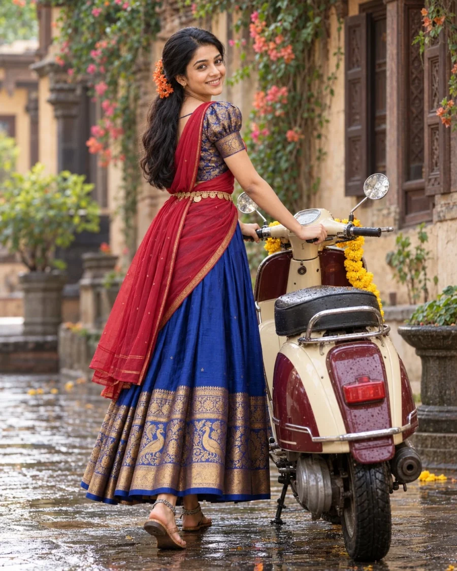 Woman in royal blue silk half saree with vintage scooter for a silk half saree portrait