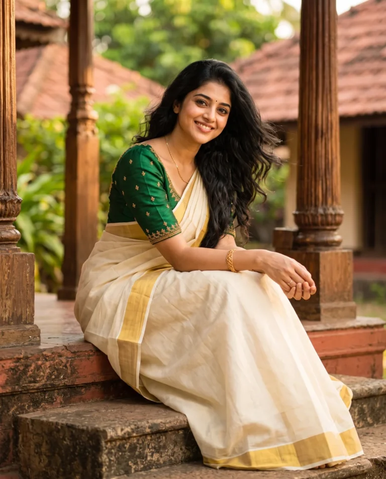 traditional saree prompt featuring a woman in a cream Kasavu and emerald green blouse on a veranda.