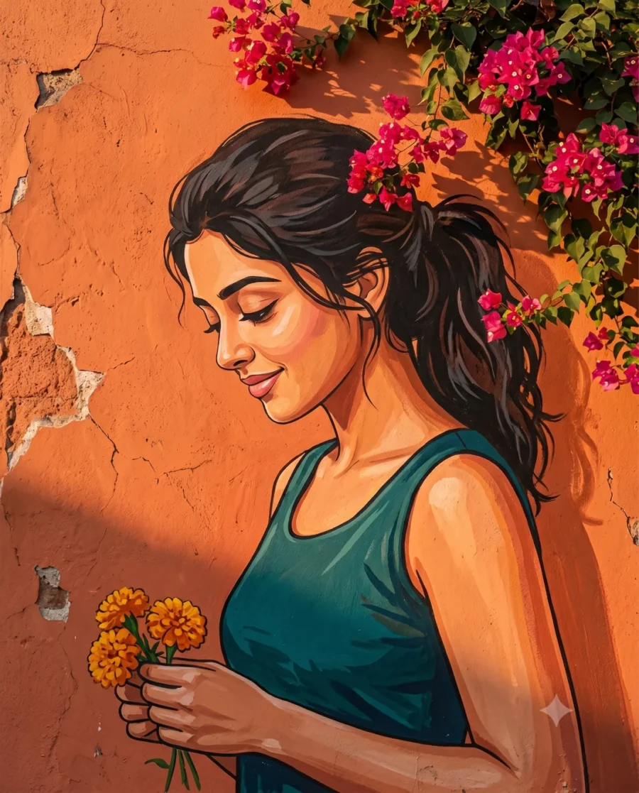 Flat wall painting prompt of a South Asian woman with marigolds against a terracotta wall with pink vines.