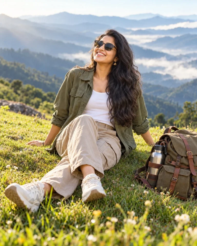 Woman on grassy hillside with backpack for mountain valley portrait prompt