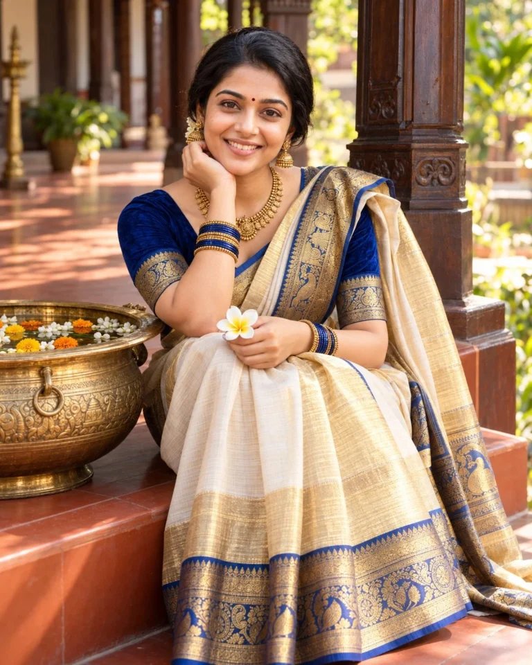 Woman on terracotta veranda for tissue silk saree prompt
