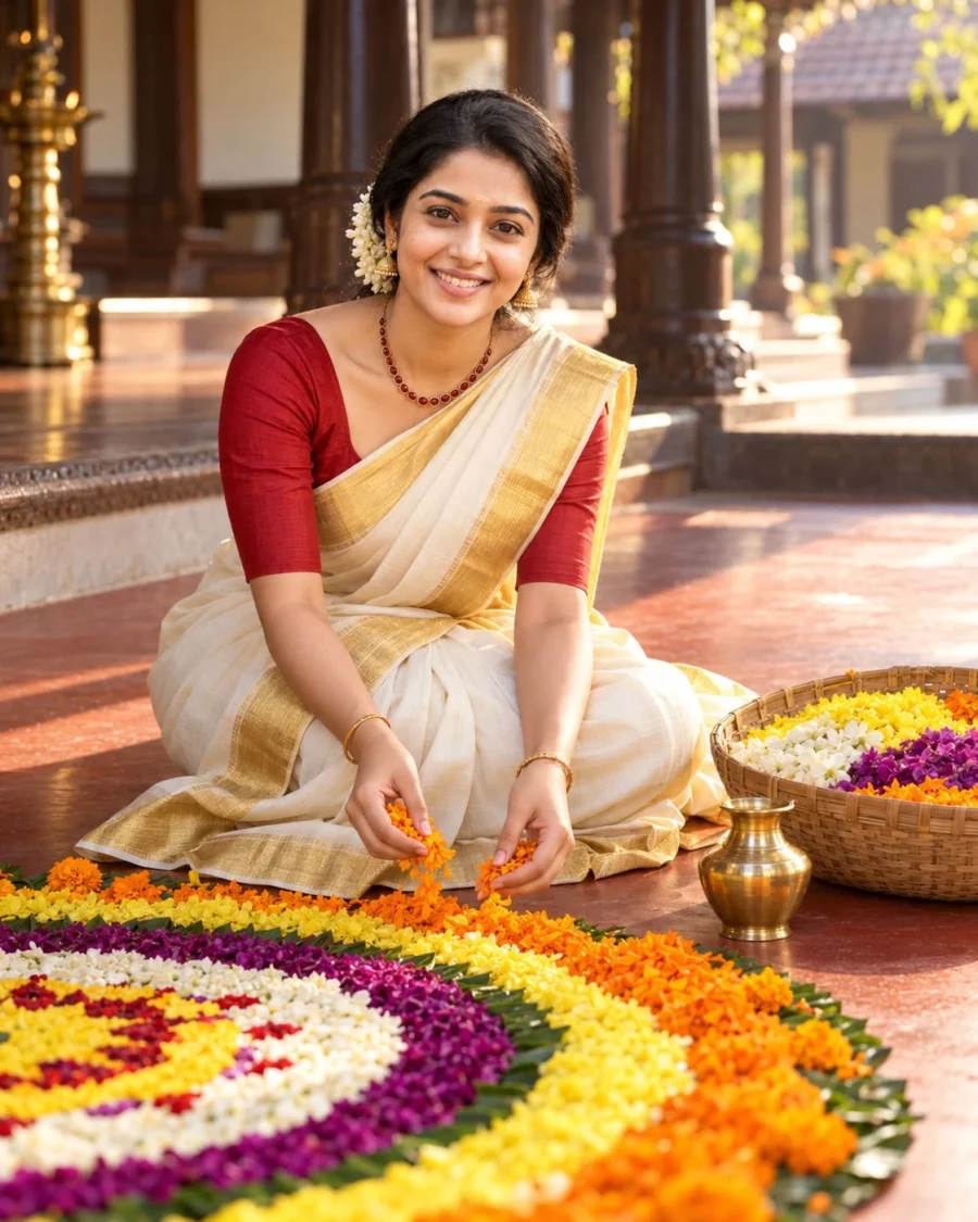 Woman scattering marigold petals beside floral pookkalam for traditional Kasavu saree portrait