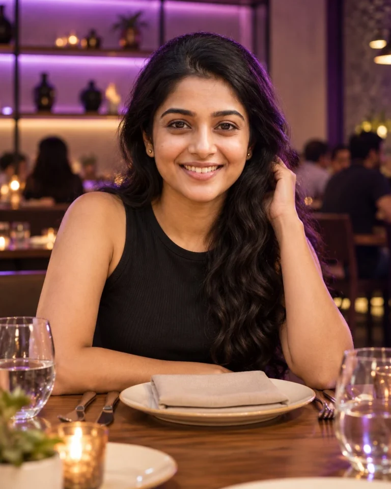 Woman seated at wooden table in evening restaurant portrait