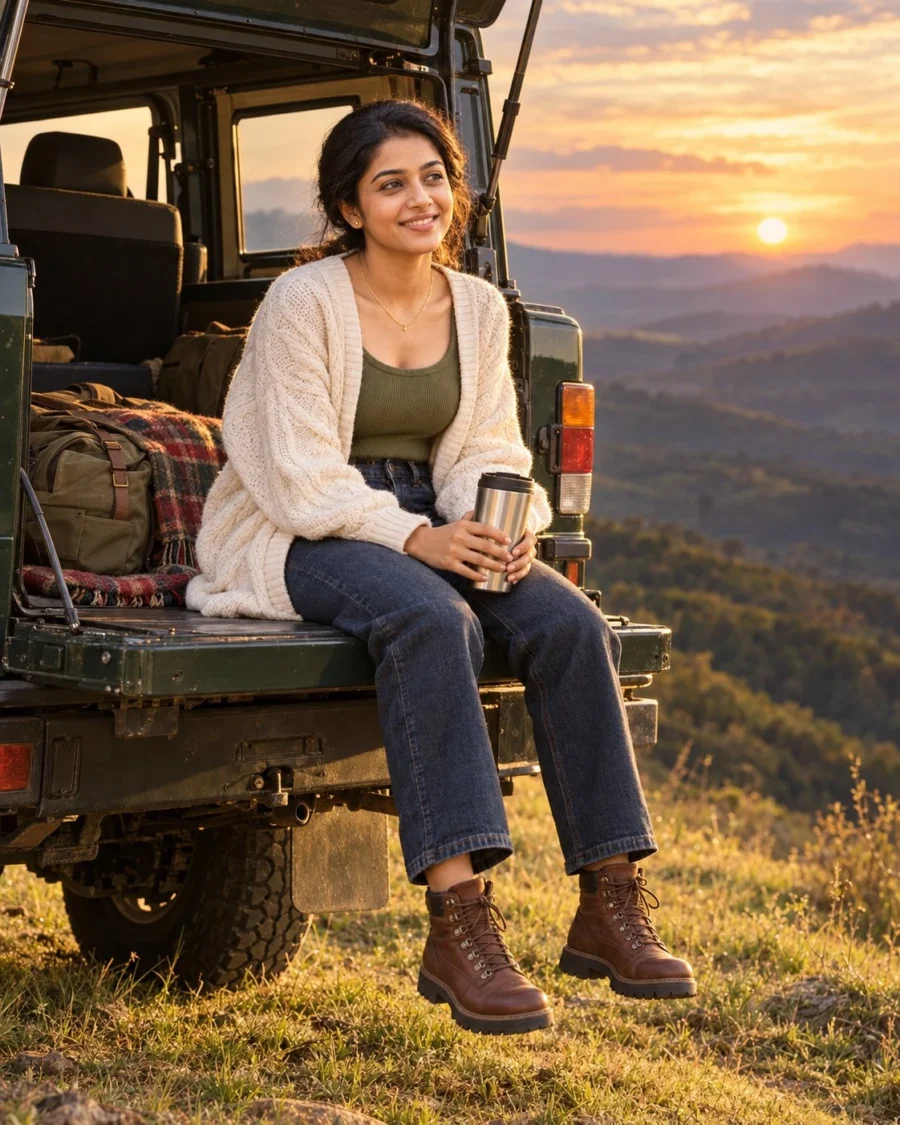 A woman sitting on a vintage vehicle tailgate at sunset in a scenic road trip AI prompt.