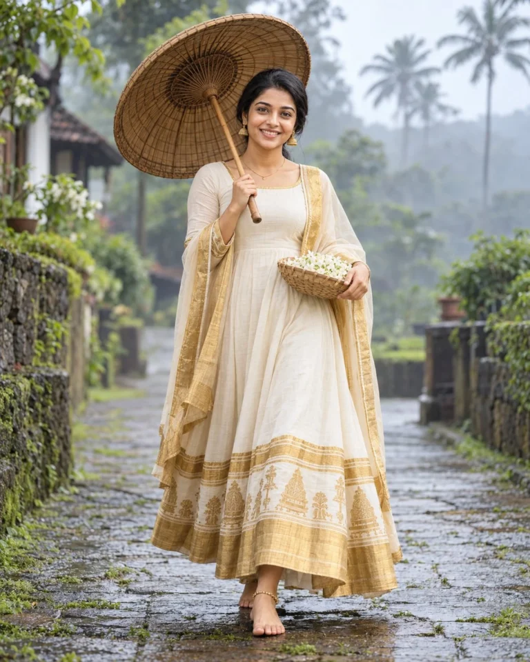 Woman walking along dewy garden path for Kasavu Anarkali garden portrait