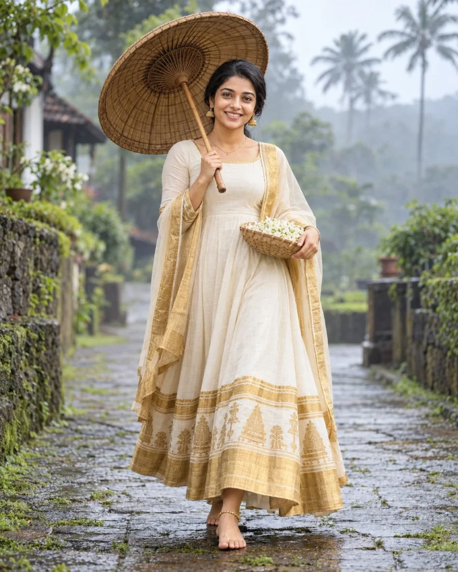 Woman walking along dewy garden path for Kasavu Anarkali garden portrait