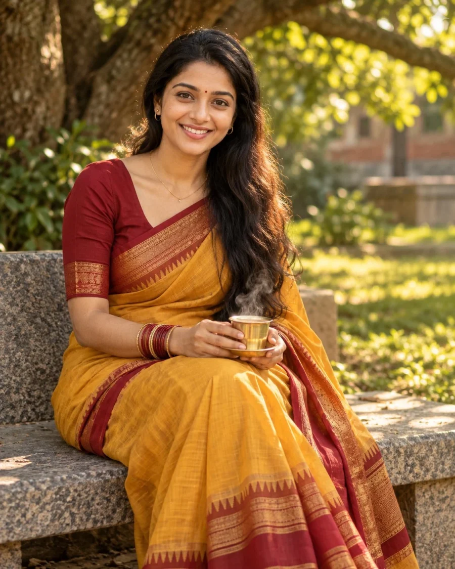 Woman with brass tea tumbler for cotton silk saree prompt