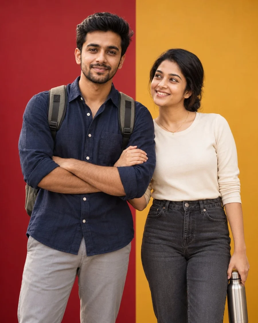 Young college couple in casual attire against two tone backdrop for a college couple studio portrait