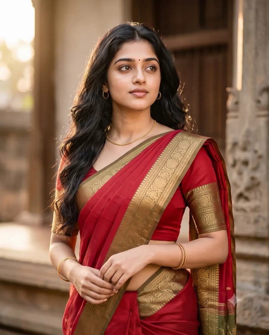 A realistic portrait of a South Asian woman created using a red saree photo prompt.